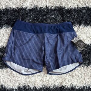 Oiselle Long Toolbelt Navy Pinstripe Athletic Shorts, Sz 10, NWT